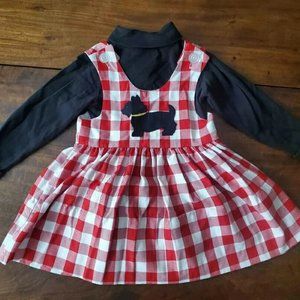 Vintage 2T Kelly Kids Red White Plaid Scottt Dog Jumper Dress Janie Jack Romper